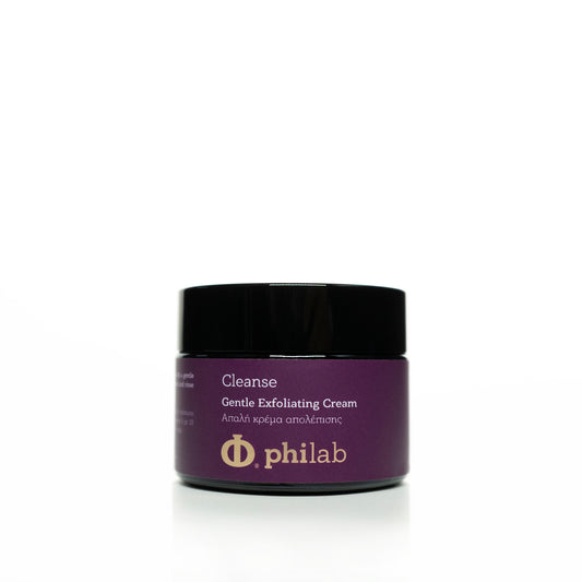Philab Gentle Exfoliating Cream in a violet jar with black lid on white background.
