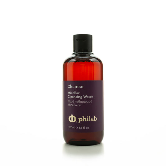Philab Micellar Cleansing Water in dark amber bottle with flip-top cap on white background.