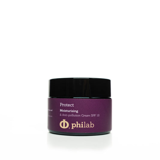 Philab Protect Moisturising & Anti-pollution Cream SPF15 in a violet jar on white background.