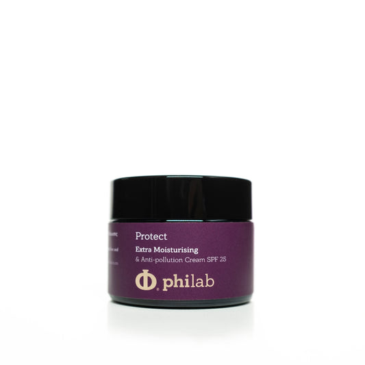 Philab Protect Extra Moisturising & Anti-pollution Cream SPF 25 in a violet jar on white.