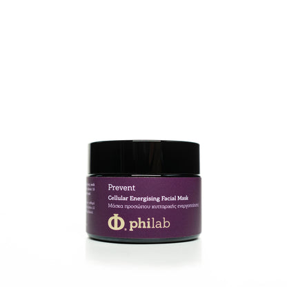 Philab Prevent Cellular Energising Facial Mask in a violet jar on white background.