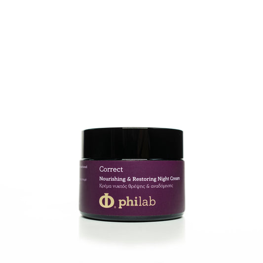 Philab Correct Nourishing & Restoring Night Cream in a violet jar on white background.