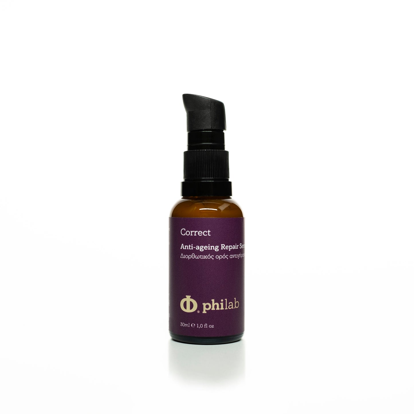 Philab Correct Anti-ageing Repair Serum in amber bottle with black pump on white background.