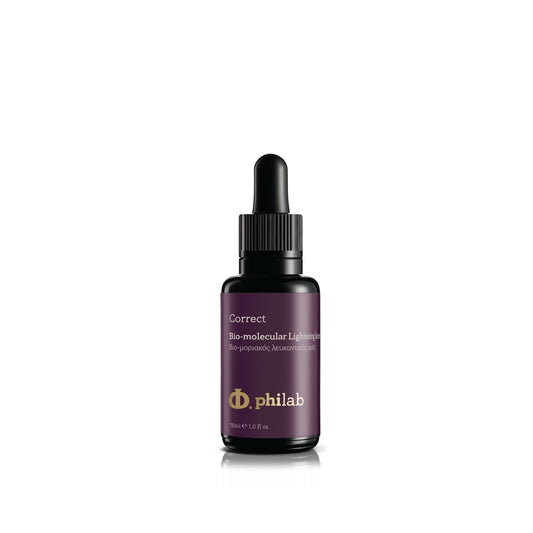Philab Correct Bio-molecular Lightening Serum in an amber dropper bottle on white background.