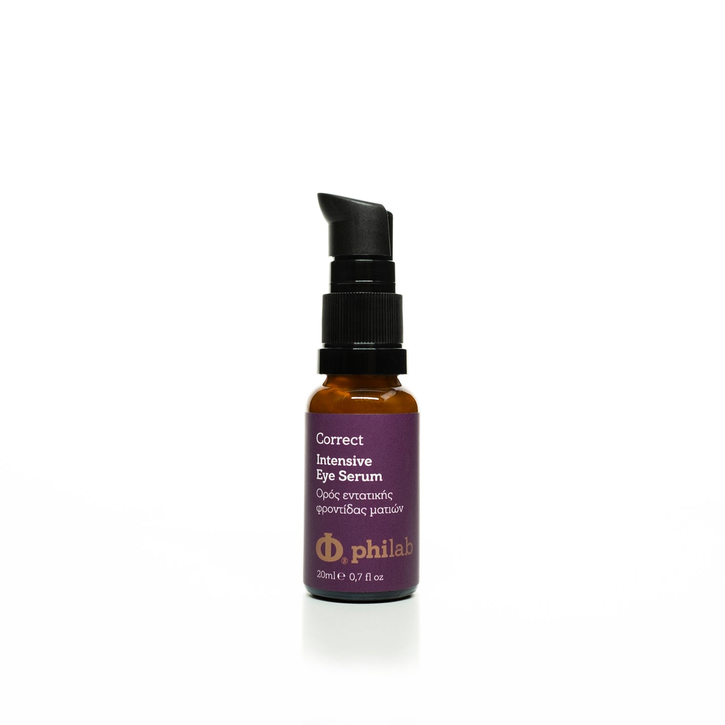 Philab Correct Intensive Eye Serum in amber pump bottle on white background.