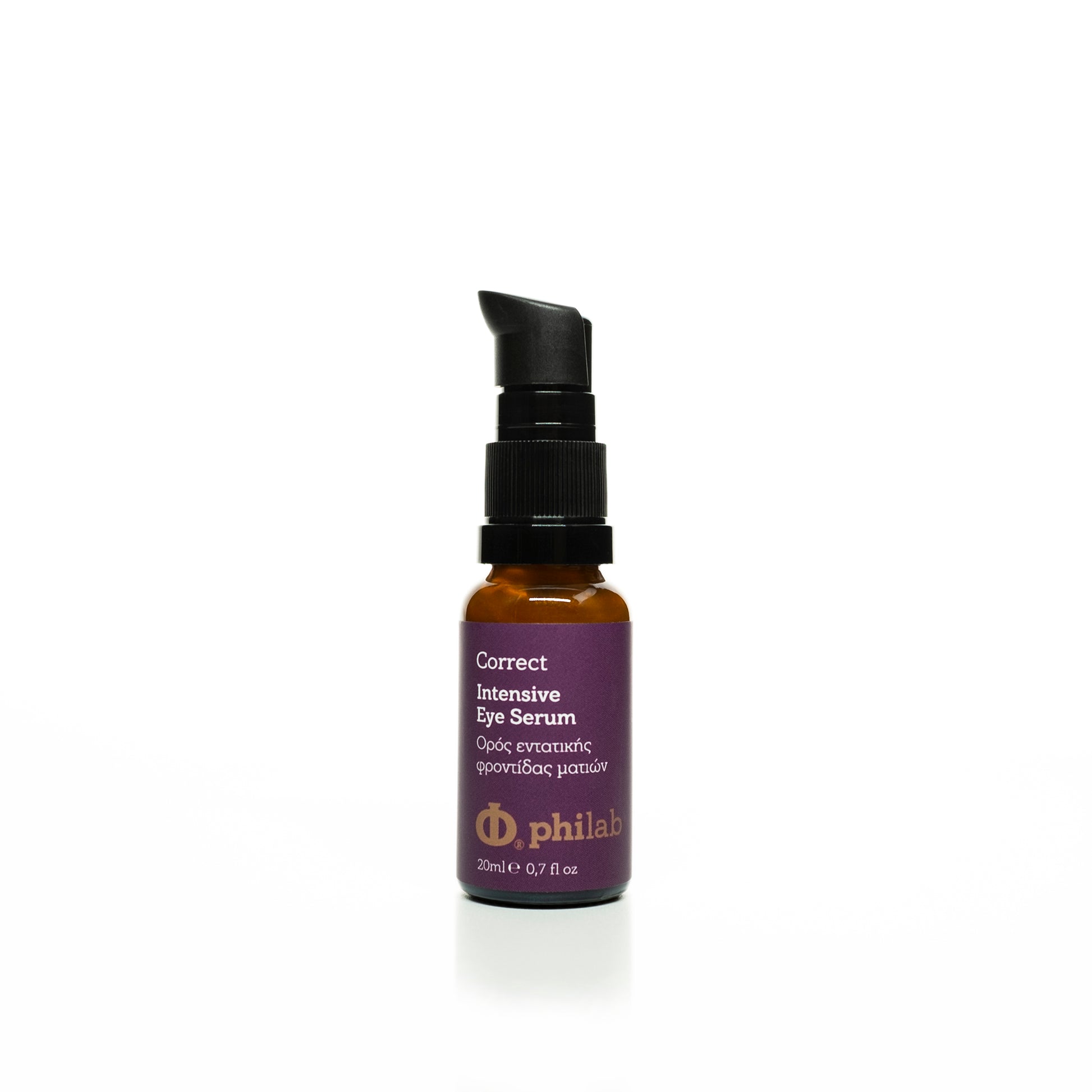 Philab Correct Intensive Eye Serum in amber pump bottle on white background.
