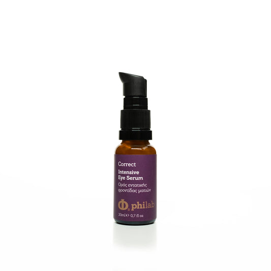 Philab Correct Intensive Eye Serum in amber pump bottle on white background.
