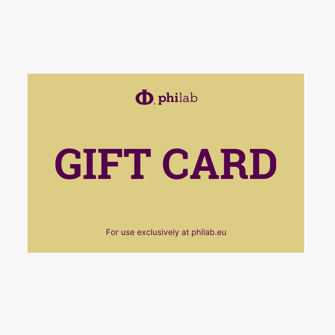 Philab branded gift card in gold with the logo and 'GIFT CARD' text, exclusive for philab.eu.